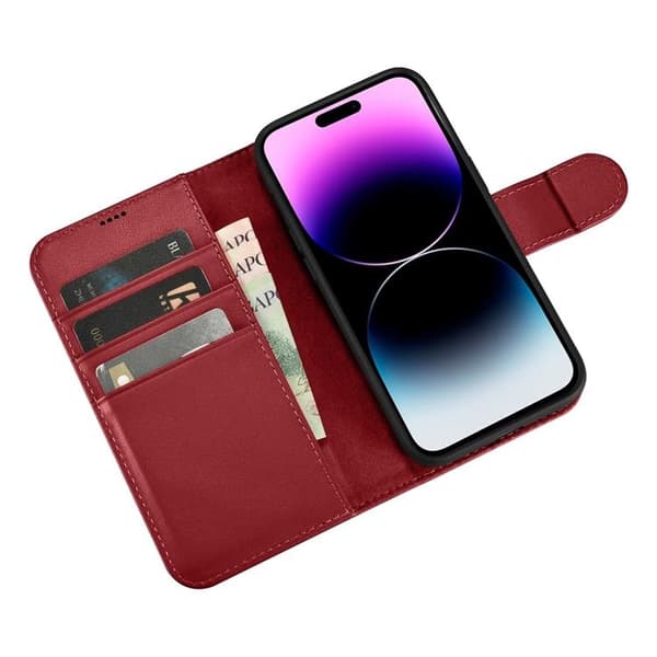 iCarer iPhone 14 Pro Max Plånboksfodral 2in1 Anti-RFID Äkta Läder Röd