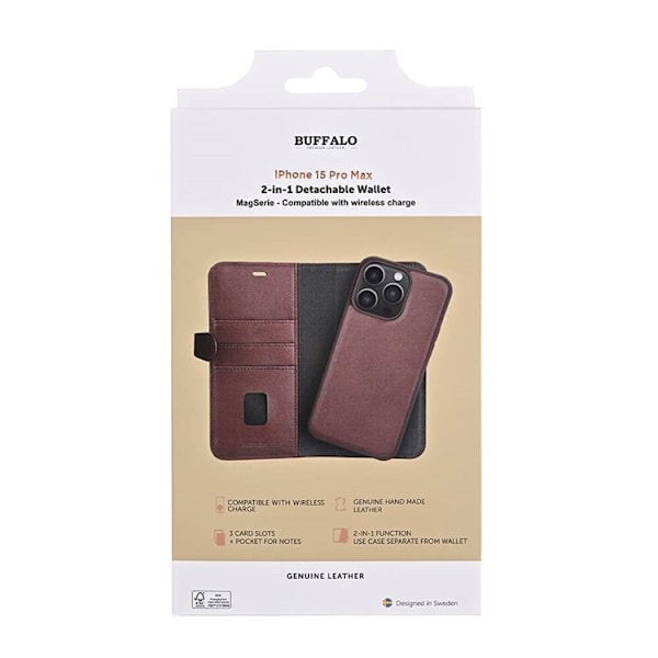 BUFFALO äkta läder iPhone 15 Pro Max Plånboksfodral 3 Kort Magsafe - Brun