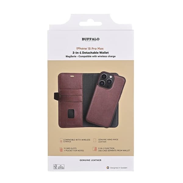 BUFFALO äkta läder iPhone 15 Pro Max Plånboksfodral 3 Kort Magsafe - Brun Brun