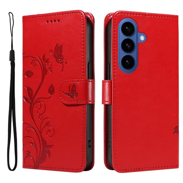 Plånboksfodral för Samsung Galaxy S26 Plus Konstläder Blommönster - Röd