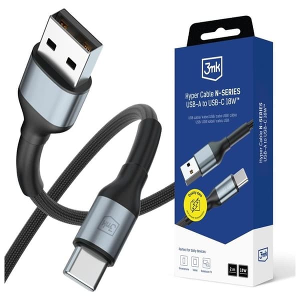 3MK USB-A till USB-C 18W kabel 9V/2A 1m N-SERIES Hyper - Svart Svart