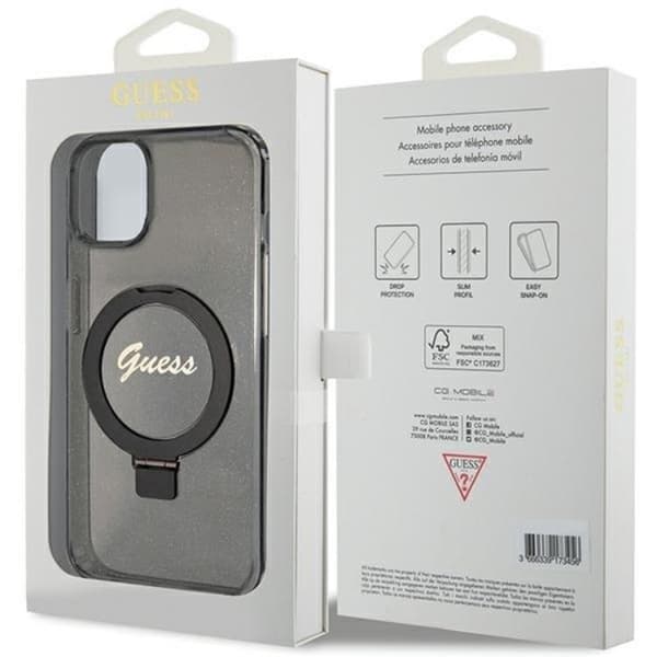 Guess iPhone 15/14 Plus Mobilskal Magsafe Ringställ Script Glitt Black