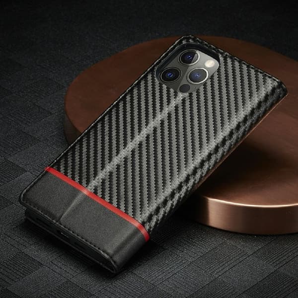 LC.IMEEKE iPhone 12 Plånboksfodral Konstläder - Röd med svart rand