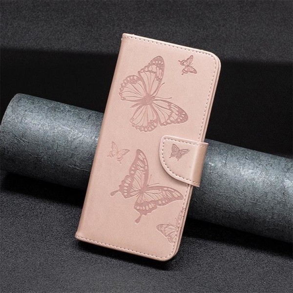 iPhone 14 Max Wallet Case Butterflies Imprinted - Rose Gold