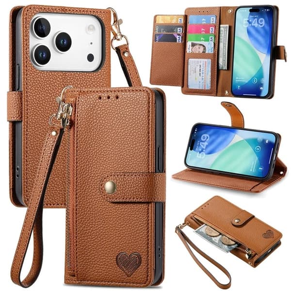 iPhone 17 Pro Max Konstläder Plånboksfodral RFID-Skydd Zipper med rem - Brun Brun