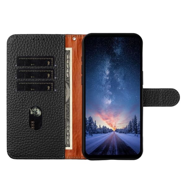 Galaxy S25 Plus Plånboksfodral Äkta Läder Litchi - Svart Svart
