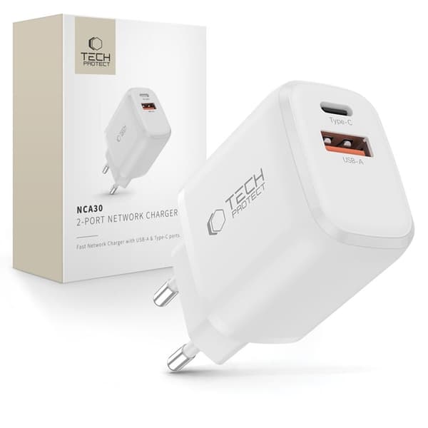 Tech-Protect Väggladdare Adapter USB-A/USB-C 20W - Vit Vit