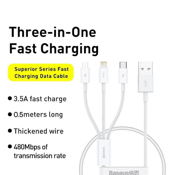 Baseus 3in1 USB-A till USB-C, Lightning, microUSB kabel 0.5m