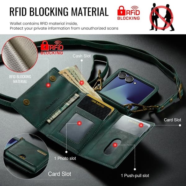 DG.MING M6 Series Konstläder Plånboksfodral för Samsung Galaxy Z Flip7 5G - Grön