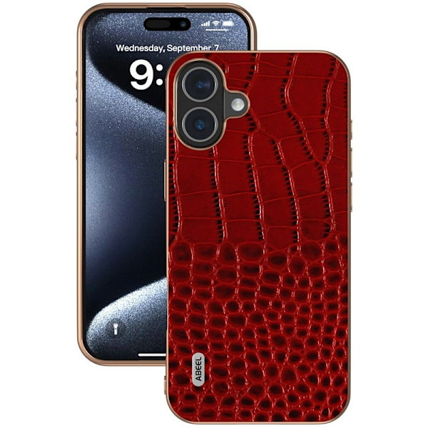 ABEEL Mobilskal till iPhone 16 Plus Electroplating Äkta läder Röd