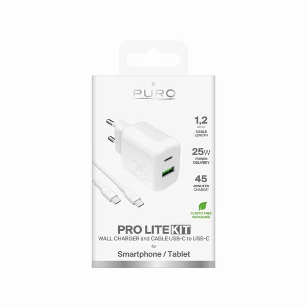Puro Hurtigoplader 25W + USB-C til USB-C Kabel 1.2m Vit