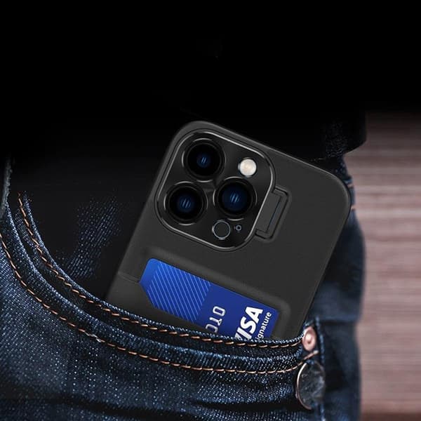 iPhone 14 Plus -kotelo korttipidikkeellä Nahkainen Kickstand - Musta Black