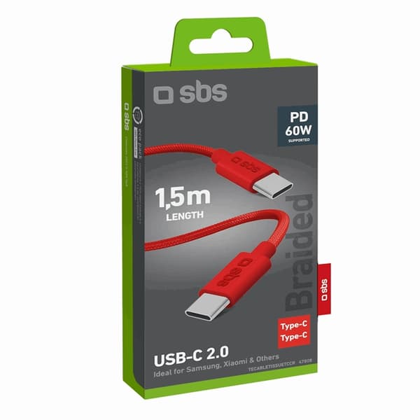 SBS USB-C - USB-C Kabel 1.5m 60W Braided - Röd Röd