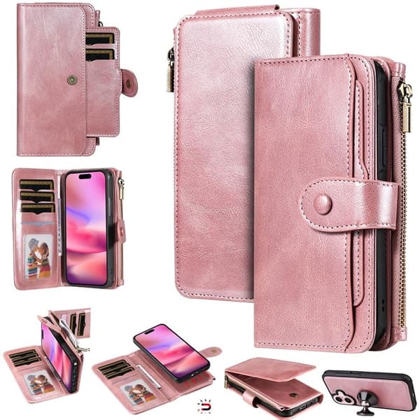 iPhone 17 Konstläder Plånboksfodral Detachable Zipper - Roséguld Roséguld