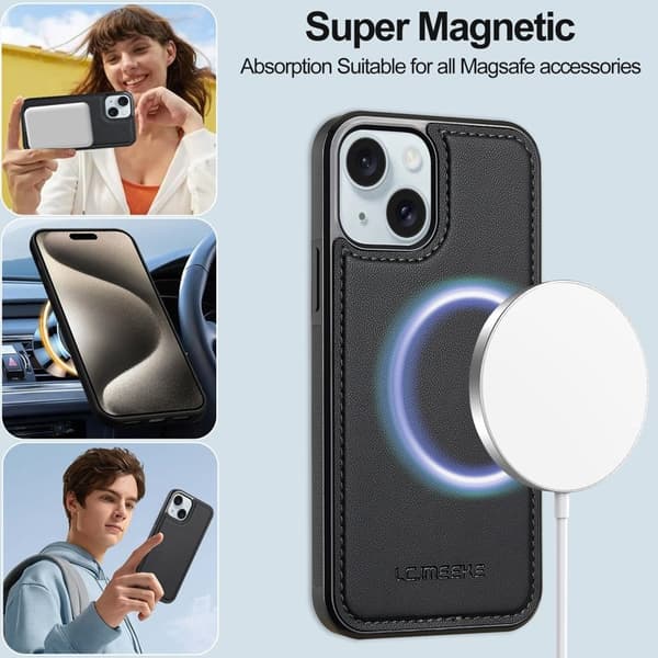 LC.IMEEKE L2 Series iPhone 15 Plånboksfodral Konstläder - Svart