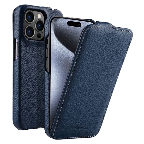 MELKCO Mobilskal till iPhone 15 Pro Max Äkta Läder + PC Vertikal - Blå