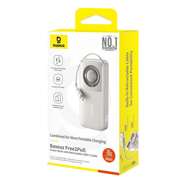 Baseus Powerbank 10000mAh 30W USB-C Kabel Free2Pull Grå