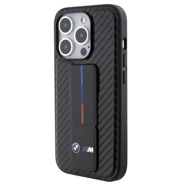 BMW iPhone 15 Pro -puhelinkuori Grip Stand Smooth & Carbon - Musta Black