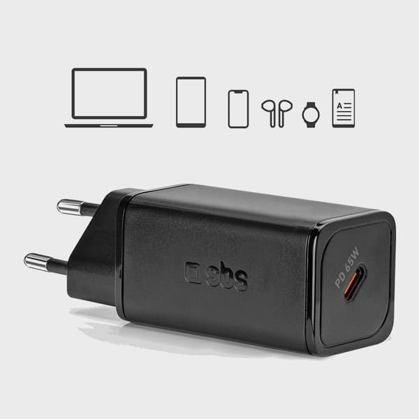 SBS Hurtigoplader 65W GaN Strømforsyning - Sort Svart