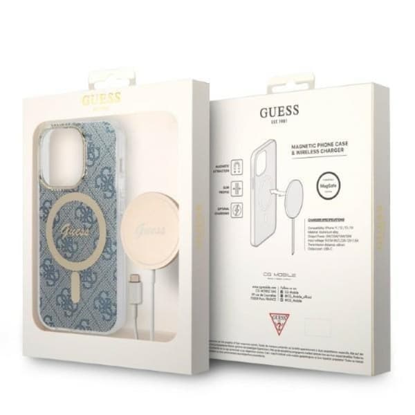 GUESS iPhone 14 Pro Magsafe Skal Print + Trådlös Laddare - Blå Blå