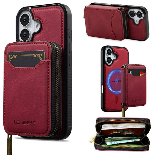 LC.IMEEKE L6 iPhone 16 Plus Plånboksfodral Konstläder - Röd