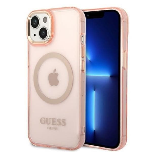 GUESS iPhone 14 Plus Skal MagSafe Guld Outline Translucent - Rosa Rosa