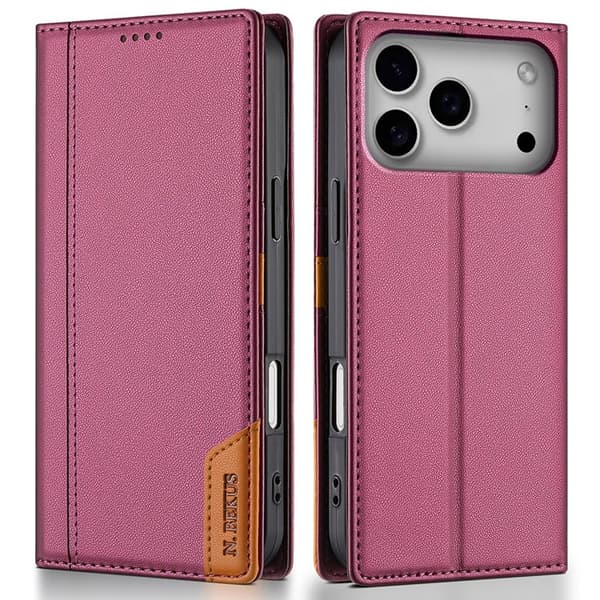 N.BEKUS iPhone 17 Pro Konstläder Plånboksfodral RFID-Skydd P3 - Vinröd Vinröd