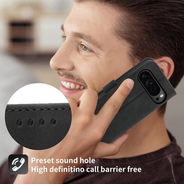 DIERFENG DF-03 Flip Plånboksfodral Google Pixel 9 Pro XL - Äkta läder - Svart