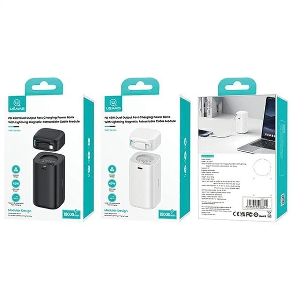 USAMS Powerbank 18000mAh 45W Med Lightning Kabel Retractable - Vit Vit