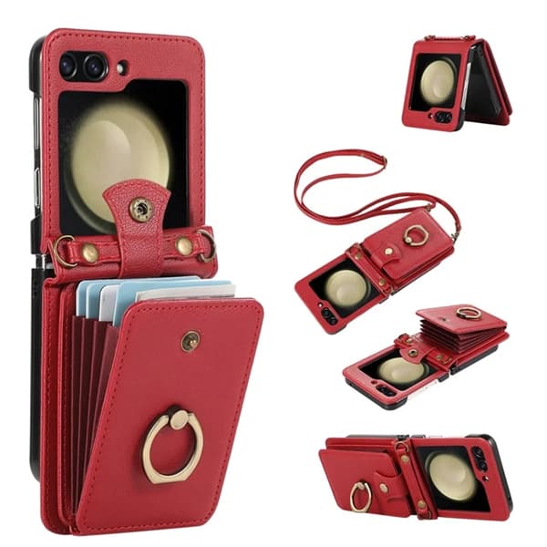 Galaxy Z Flip7 Plånboksfodral Ring Kickstand med Lång rem - Röd Röd