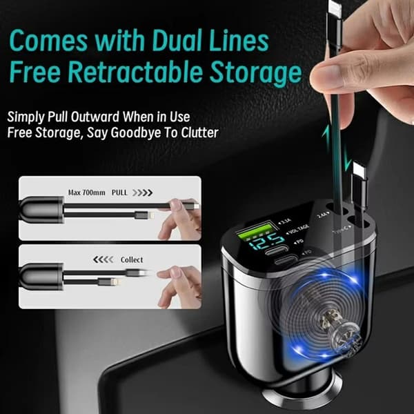 5in1 Billaddare USB-A - 2x USB-C med Dual Indragbar Kabel LED Svart