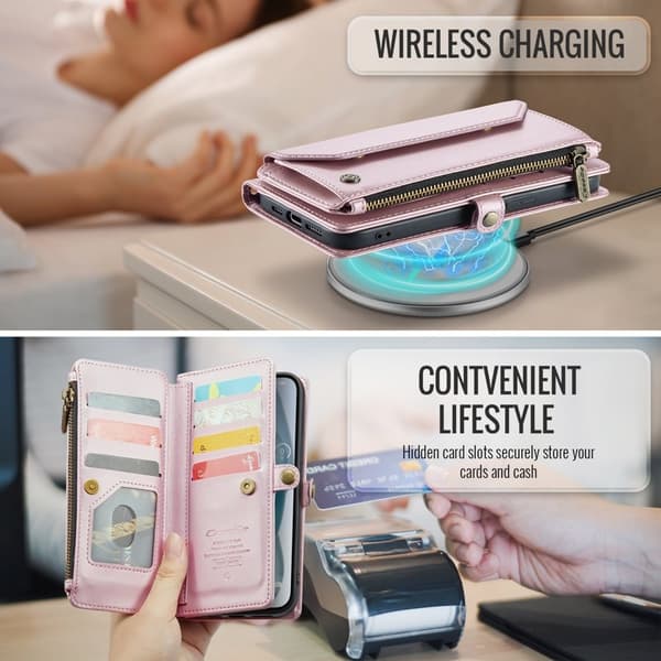CASEME Plånboksfodral Konstläder till iPhone 15 Plus - Rosa med kortfack