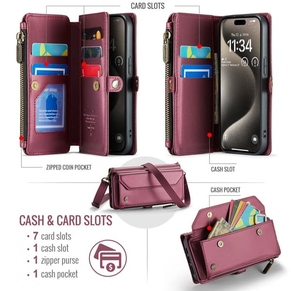 CASEME Plånboksfodral Konstläder till iPhone 15 Pro - Vinröd