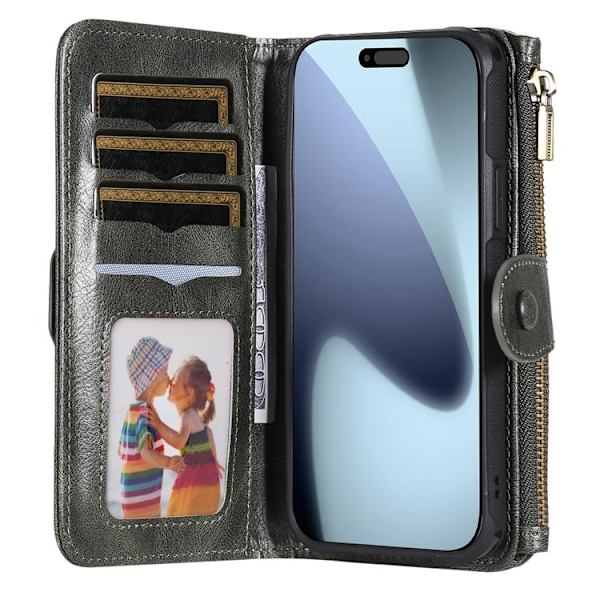 iPhone 17 Pro Konstläder Plånboksfodral Detachable Zipper - Grön Grön