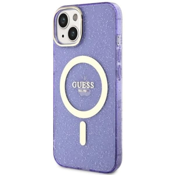 Guess Mobilskal till iPhone 14 MagSafe Glitter Guld - Lila Lila