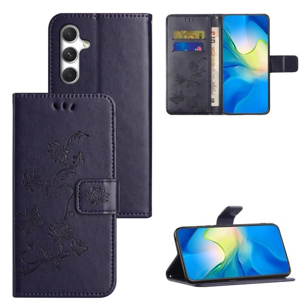 Plånboksfodral för Samsung Galaxy S26 Plus Ställ Impräntad Fjäril - Mörkblå