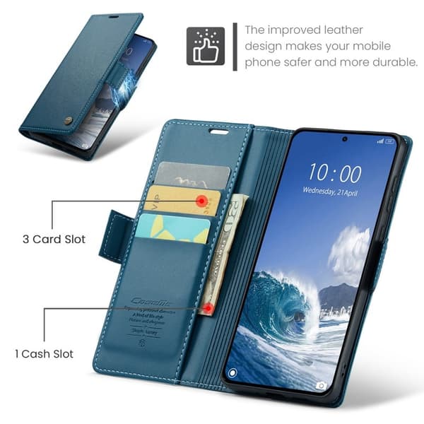 CASEME Xiaomi 14T Plånboksfodral Konstläder RFID-Skydd 3 Kort Blå