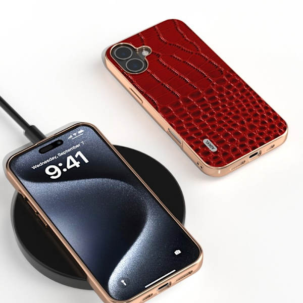ABEEL Mobilskal till iPhone 16 Plus Electroplating Äkta läder Röd