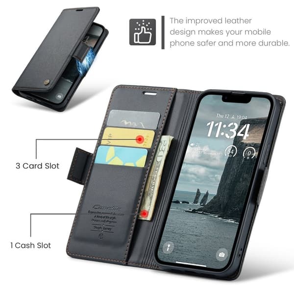 CASEME Plånboksfodral Konstläder för iPhone 16e RFID-Skydd Svart