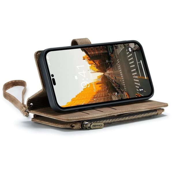 CASEME Konstläder Plånboksfodral för iPhone 14 Pro Max med rem - Brun