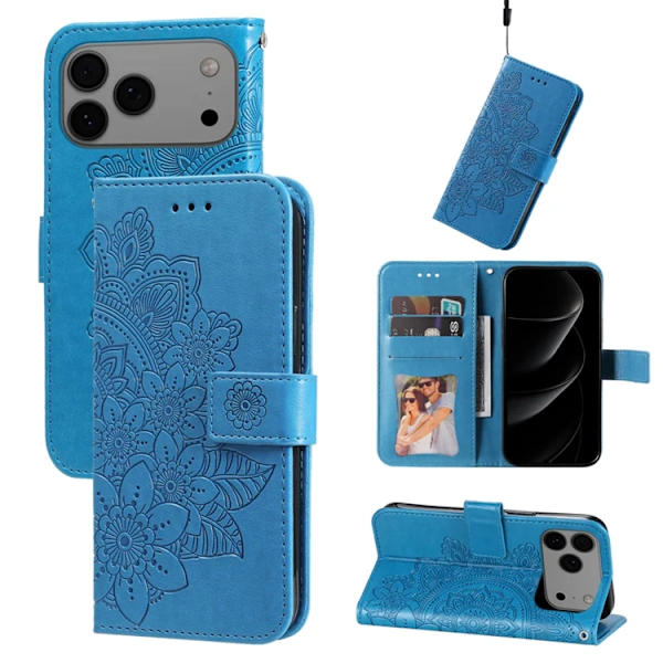 iPhone 17 Pro Max Konstläder Plånboksfodral Floral Pattern - Blå Blå