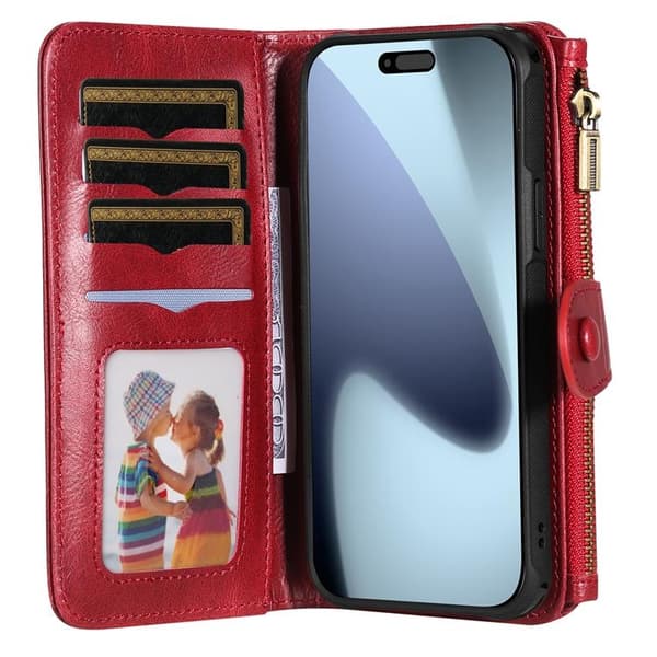 iPhone 17 Pro Max Konstläder Plånboksfodral Detachable Zipper - Röd Röd