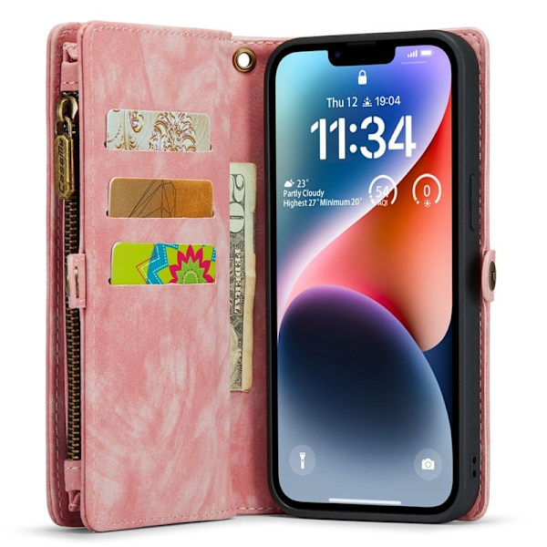 CASEME 008 iPhone 14 Plus Plånboksfodral Konstläder Rosa Med Rem