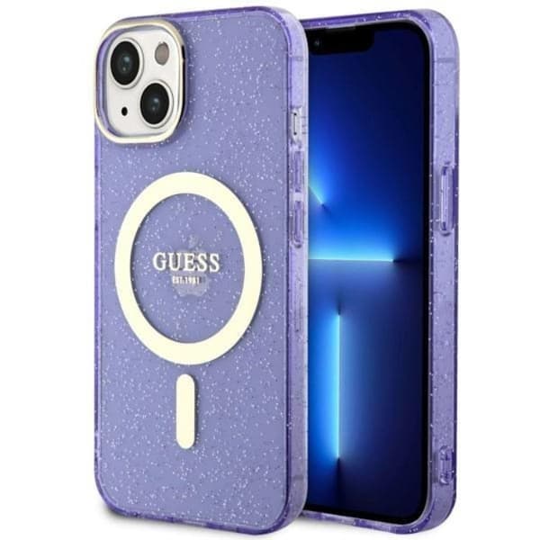 Guess iPhone 14 Plus Mobilskal MagSafe Glitter Guld - Lilla Lila