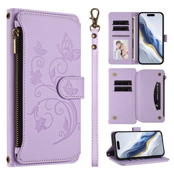 iPhone 17 Pro Max Plånboksfodral Butterfly Floral Imprint - Ljuslila Lila