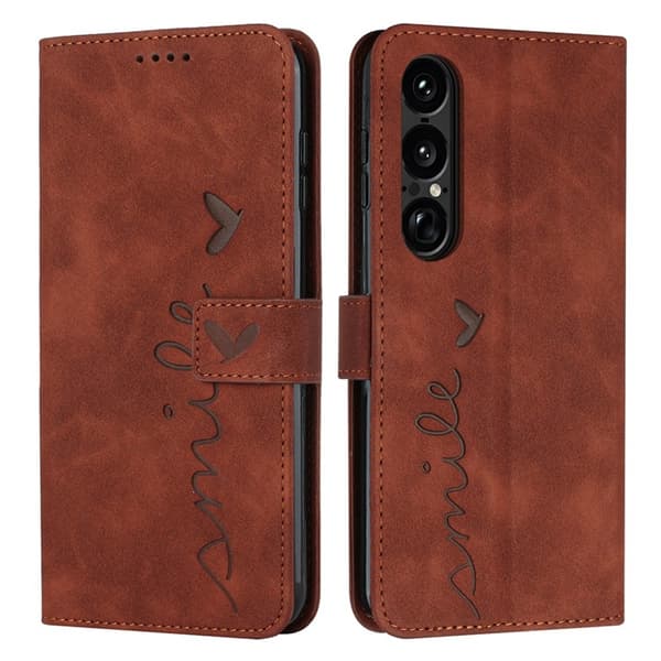 Sony Xperia 1 VII Konstläder Plånboksfodral Imprinted Heart - Brun Brun