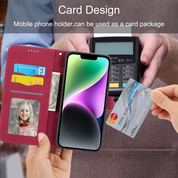 DIERFENG DF-03 Plånboksfodral för iPhone 14 i Imiterat Konstläder - Röd