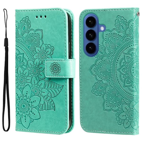 Samsung Galaxy S26 Plus Plånboksfodral Blommönster Konstläder Ställ - Grön