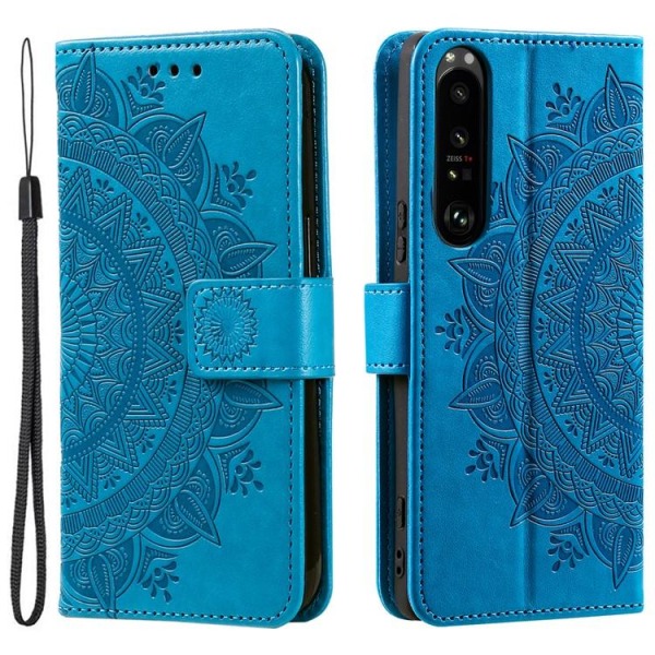 Sony Xperia 1 V tegnebog etui med påtrykt mandala blomst - blå