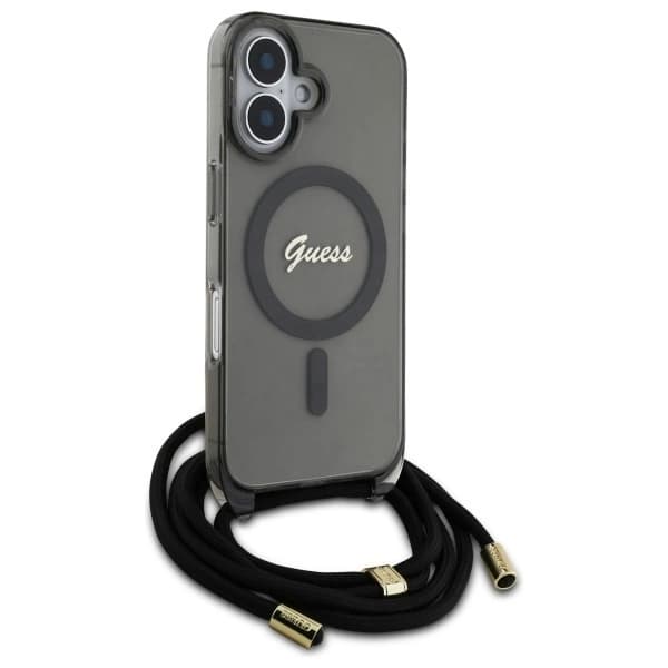 Guess Telefontaske til iPhone 16 MagSafe Crossbody Cord Script - Sort Black